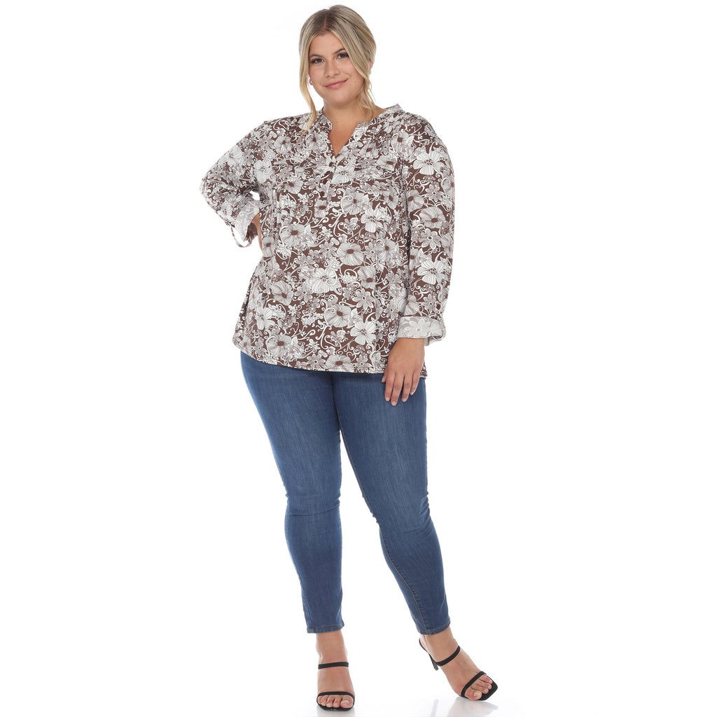 White Mark Women's Pleated Long Sleeve Floral Print Blouse - Plus (5 colors Available)