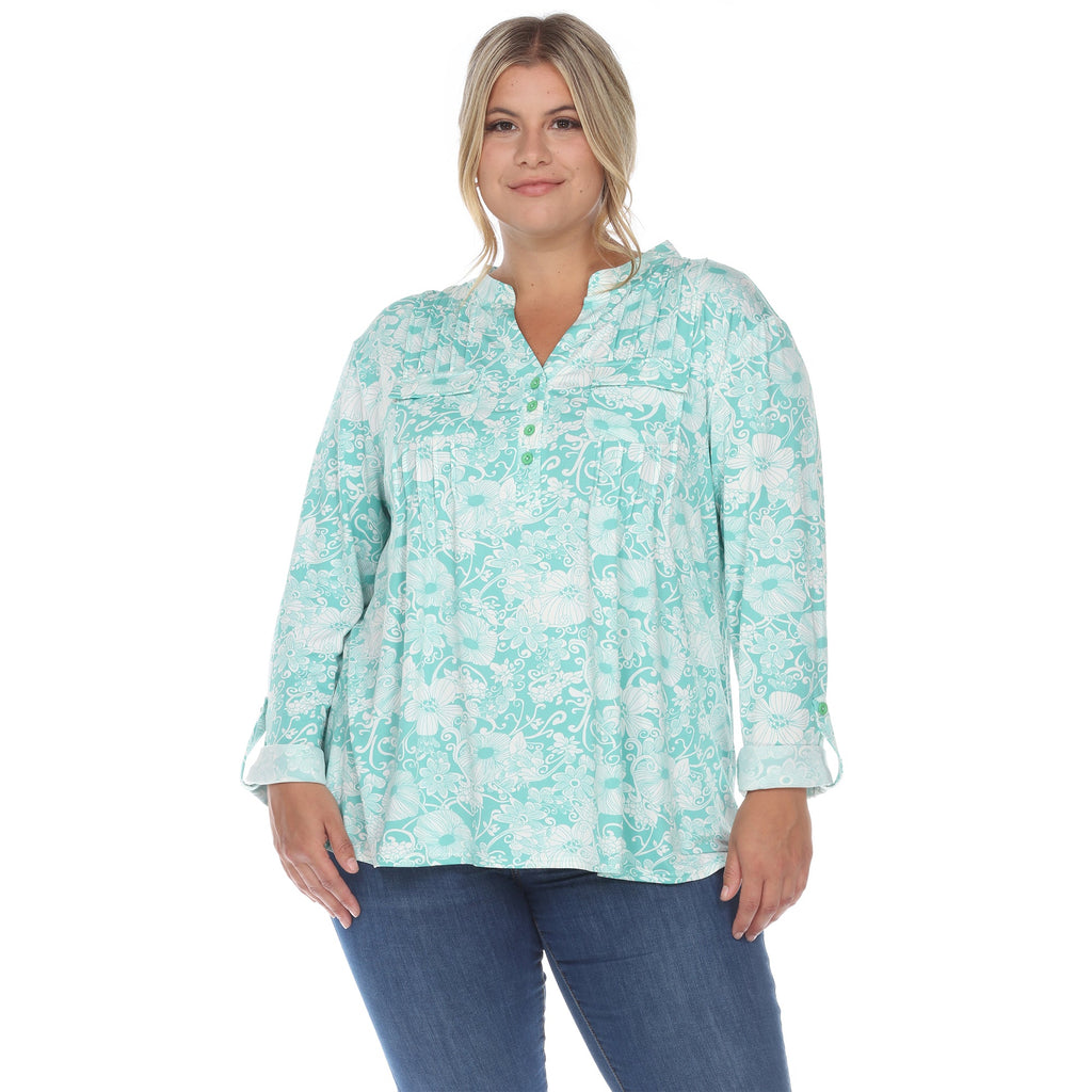 White Mark Women's Pleated Long Sleeve Floral Print Blouse - Plus (5 colors Available)