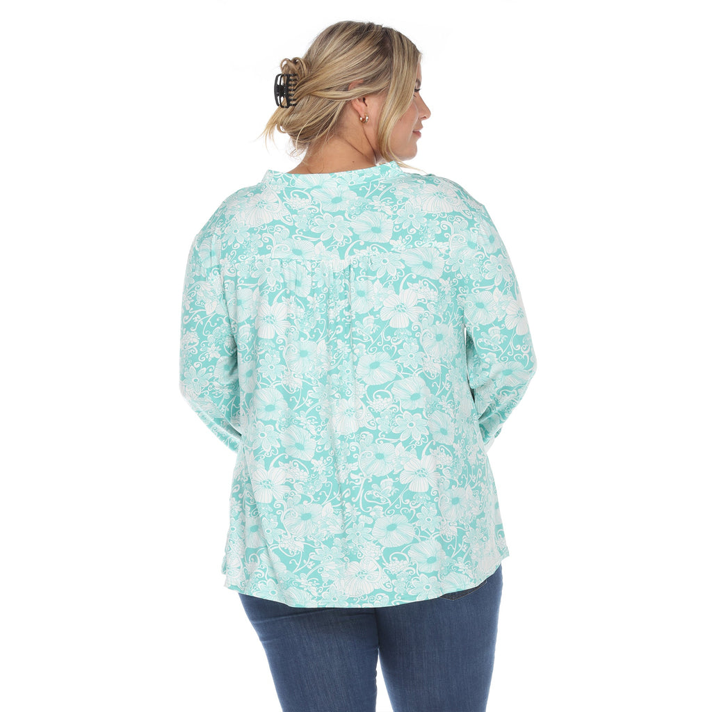 White Mark Women's Pleated Long Sleeve Floral Print Blouse - Plus (5 colors Available)