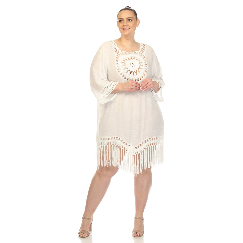 Crocheted Fringed Trim Dress Cover Up-Plus (4 Colors Available)