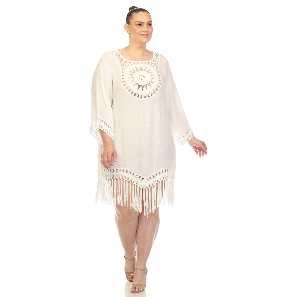 Crocheted Fringed Trim Dress Cover Up-Plus (4 Colors Available)