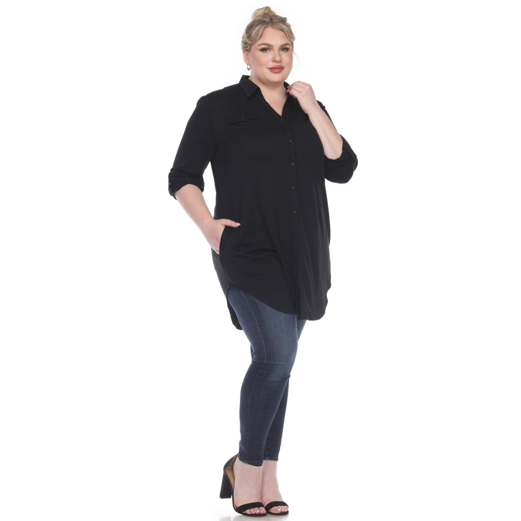 White Mark Women's Stretchy Button-Down Tunic - Plus (8 Colors Available)