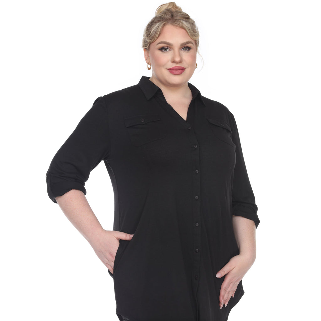 White Mark Women's Stretchy Button-Down Tunic - Plus (8 Colors Available)