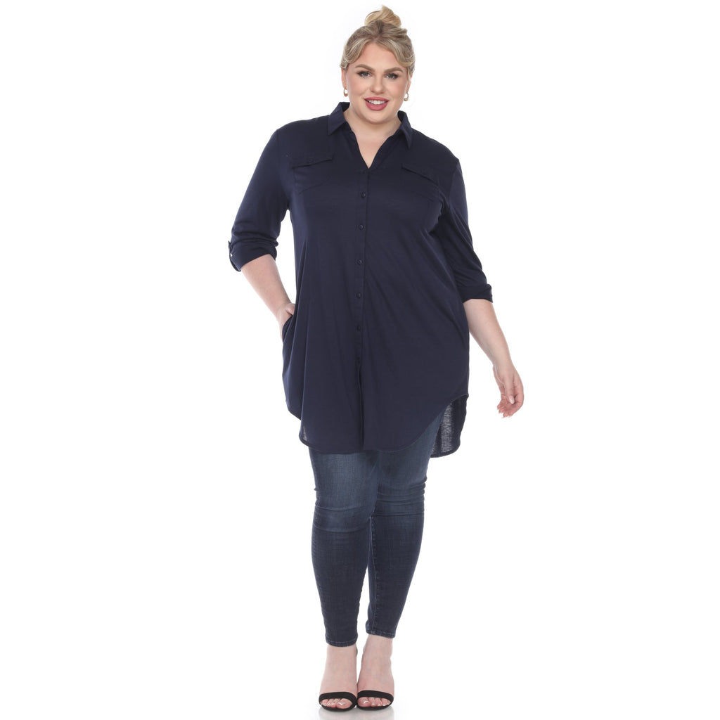 White Mark Women's Stretchy Button-Down Tunic - Plus (8 Colors Available)