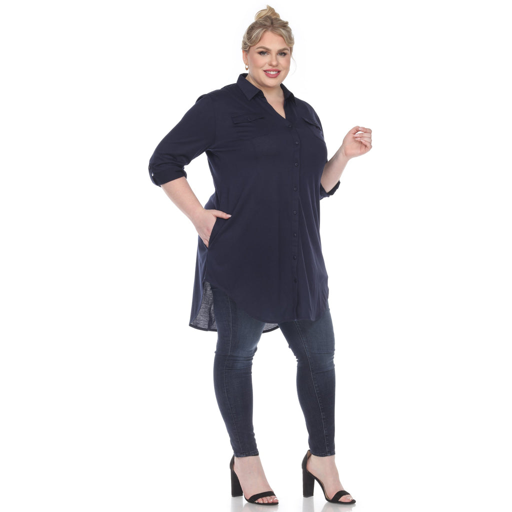 White Mark Women's Stretchy Button-Down Tunic - Plus (8 Colors Available)