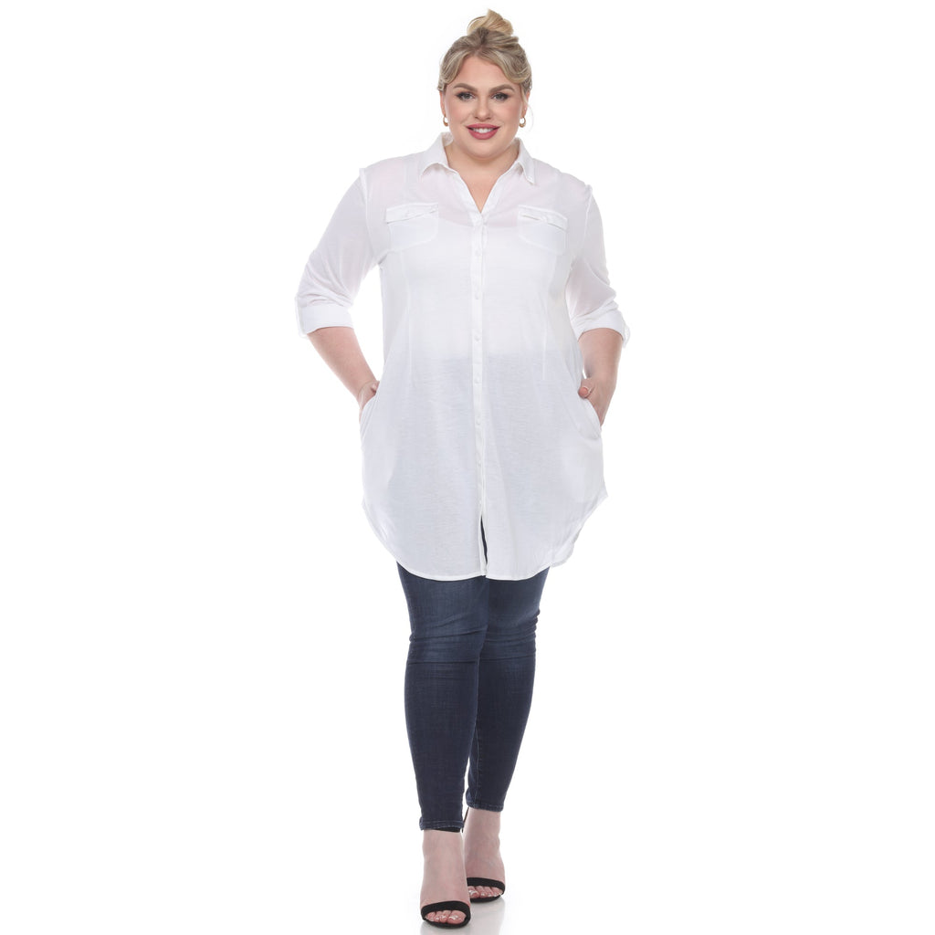 White Mark Women's Stretchy Button-Down Tunic - Plus (8 Colors Available)