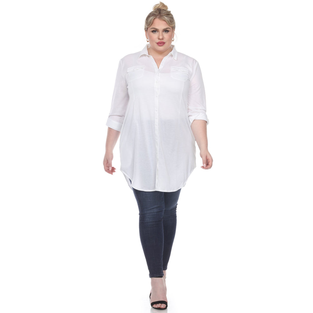 White Mark Women's Stretchy Button-Down Tunic - Plus (8 Colors Available)