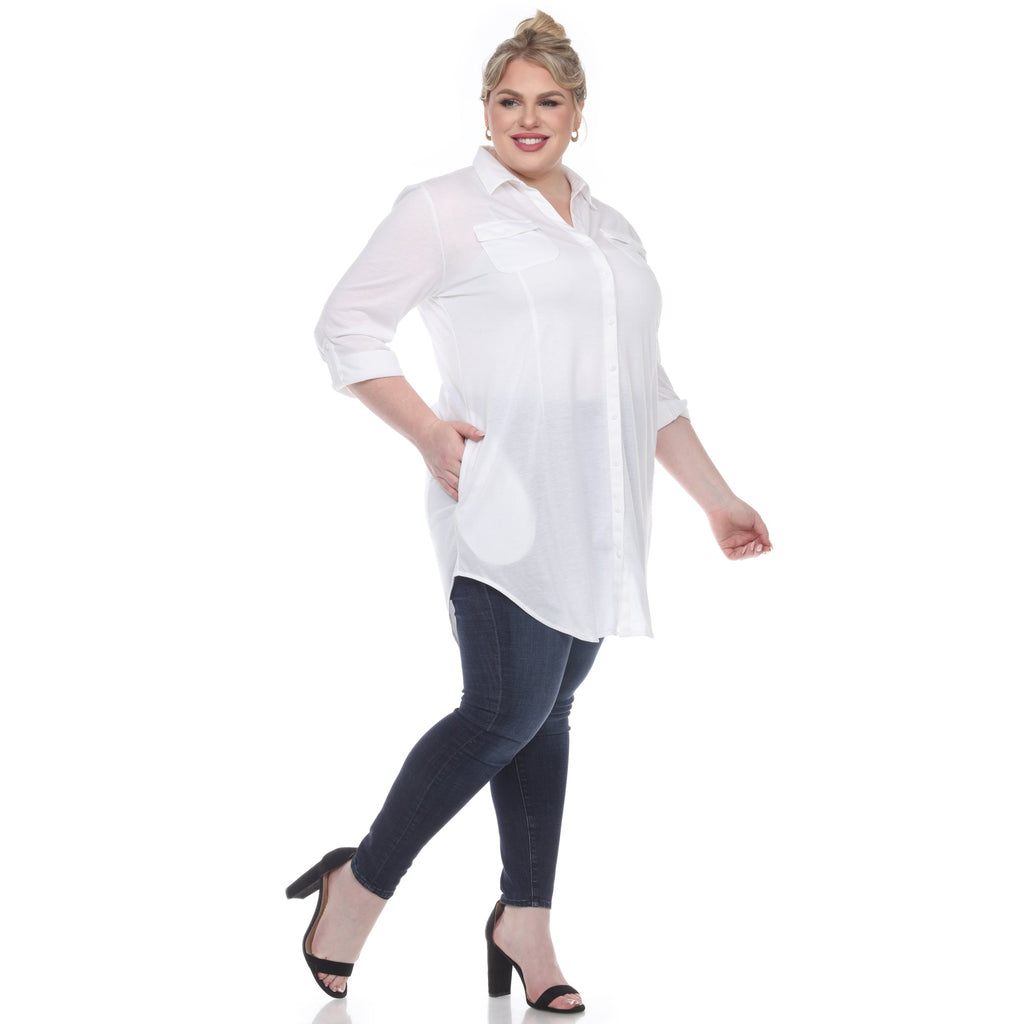 White Mark Women's Stretchy Button-Down Tunic - Plus (8 Colors Available)