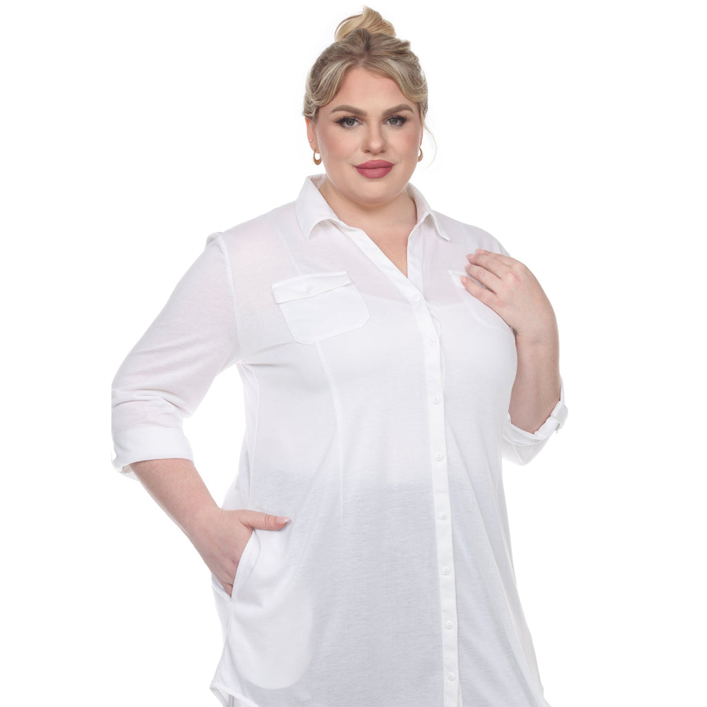 White Mark Women's Stretchy Button-Down Tunic - Plus (8 Colors Available)