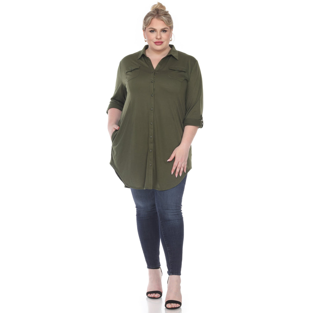 White Mark Women's Stretchy Button-Down Tunic - Plus (8 Colors Available)