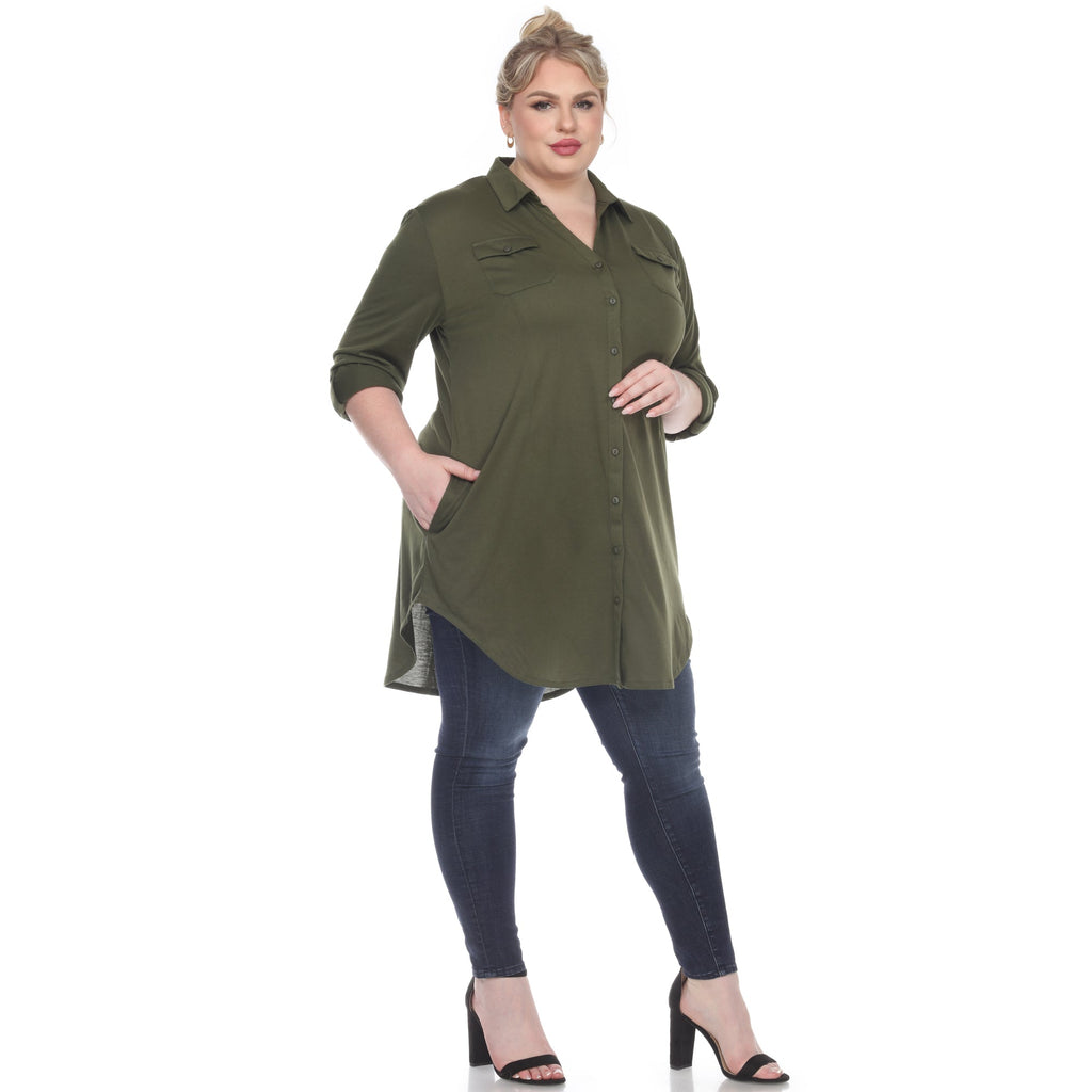 White Mark Women's Stretchy Button-Down Tunic - Plus (8 Colors Available)