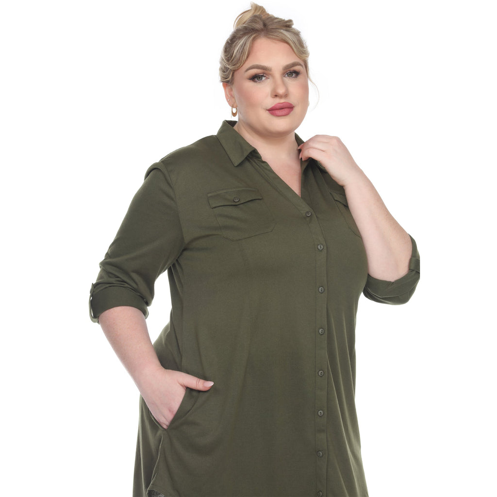 White Mark Women's Stretchy Button-Down Tunic - Plus (8 Colors Available)