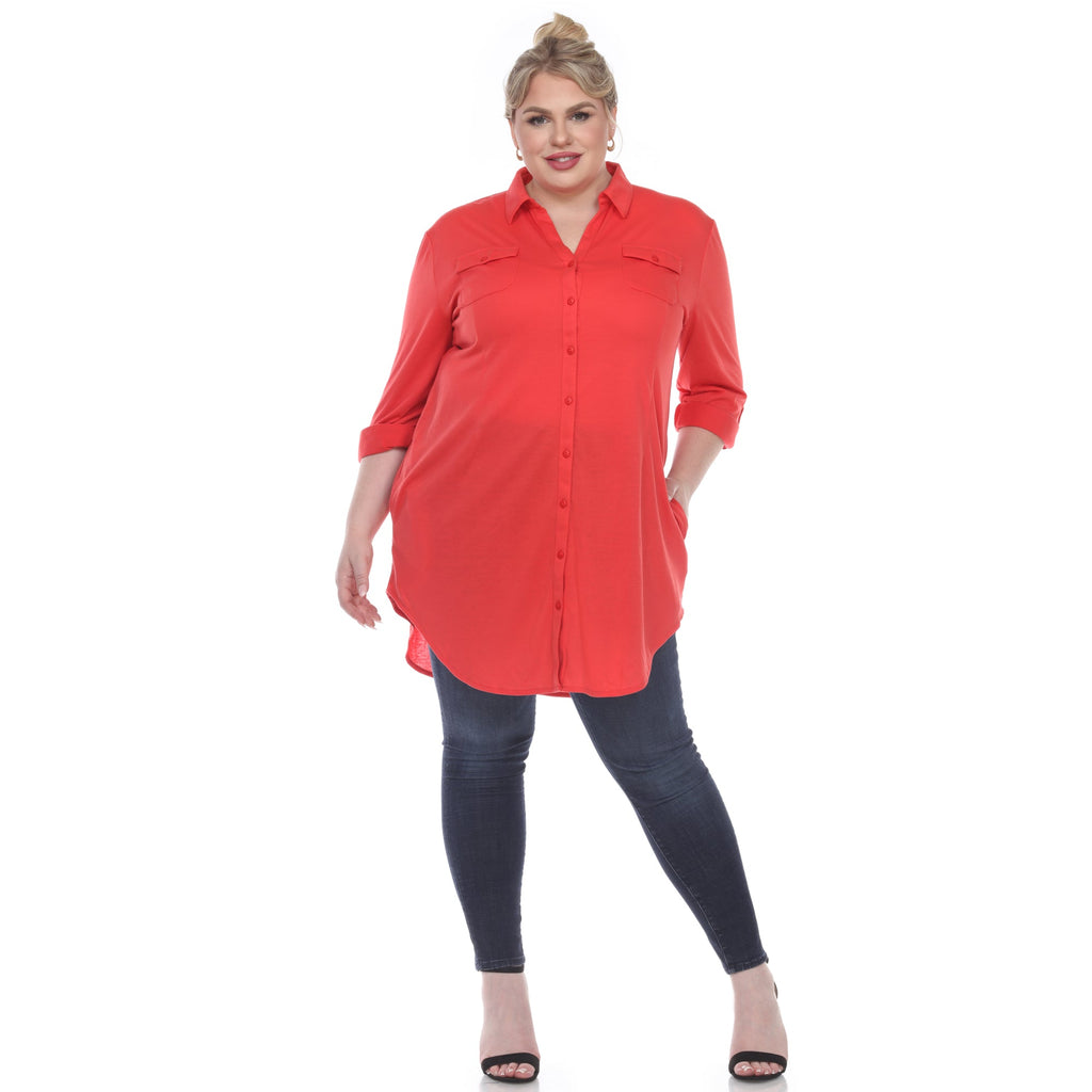 White Mark Women's Stretchy Button-Down Tunic - Plus (8 Colors Available)