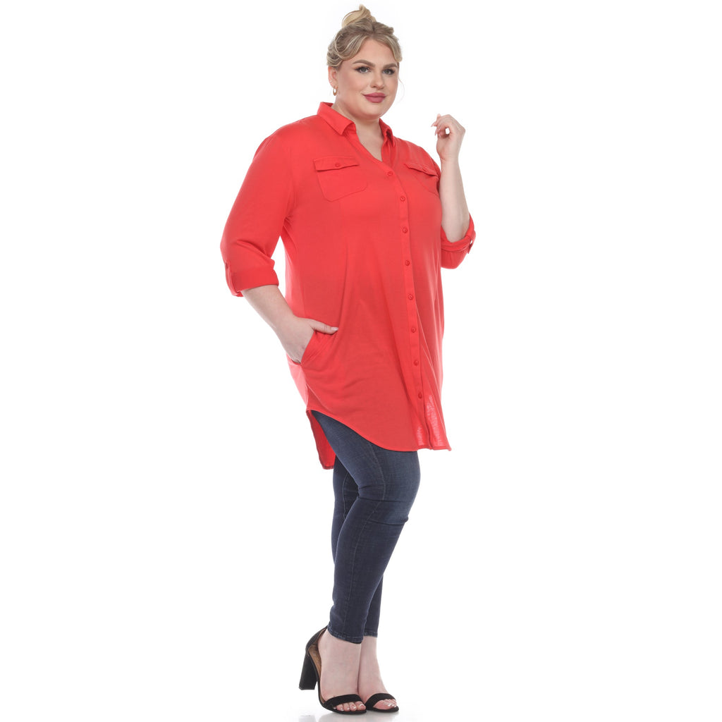 White Mark Women's Stretchy Button-Down Tunic - Plus (8 Colors Available)