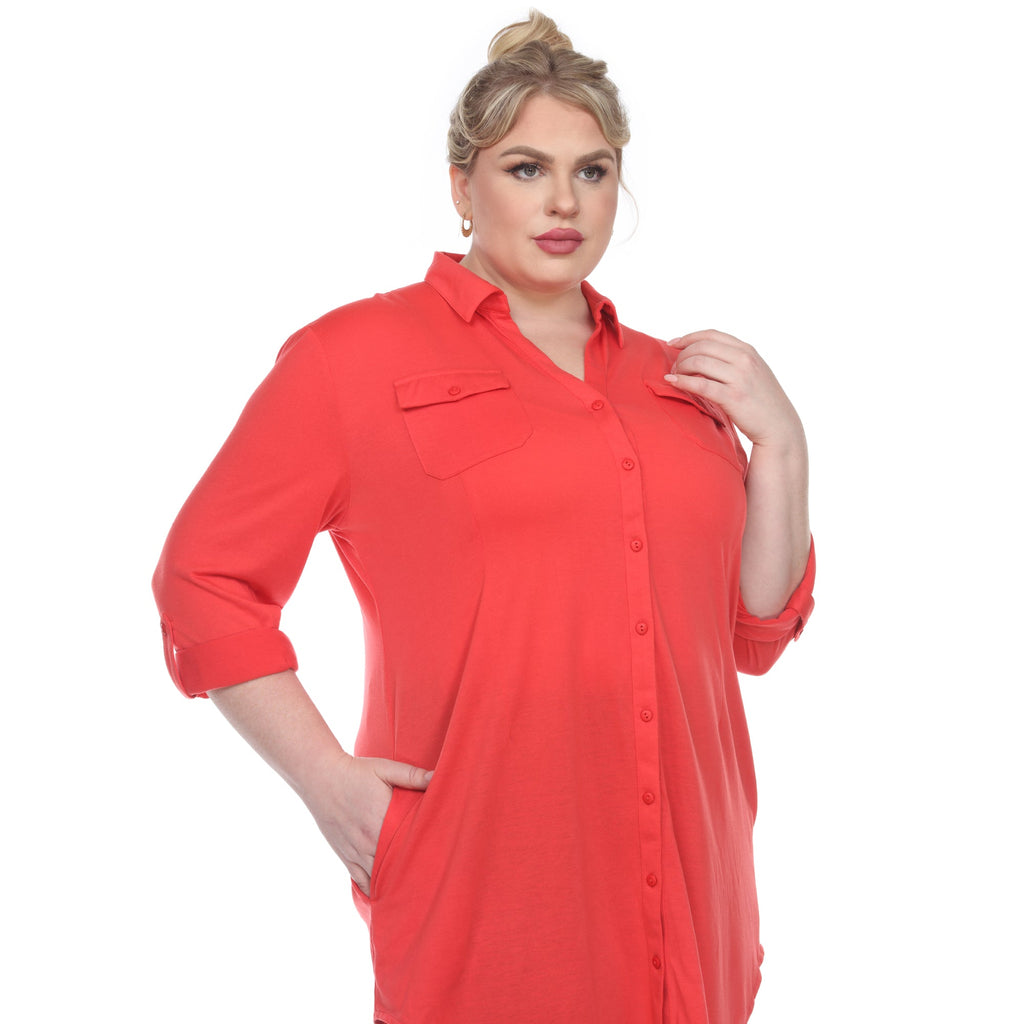 White Mark Women's Stretchy Button-Down Tunic - Plus (8 Colors Available)