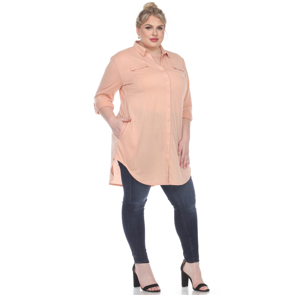 White Mark Women's Stretchy Button-Down Tunic - Plus (8 Colors Available)