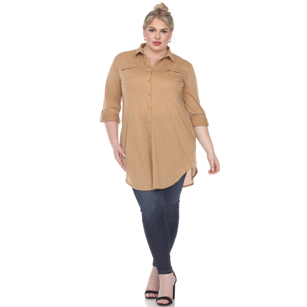 White Mark Women's Stretchy Button-Down Tunic - Plus (8 Colors Available)