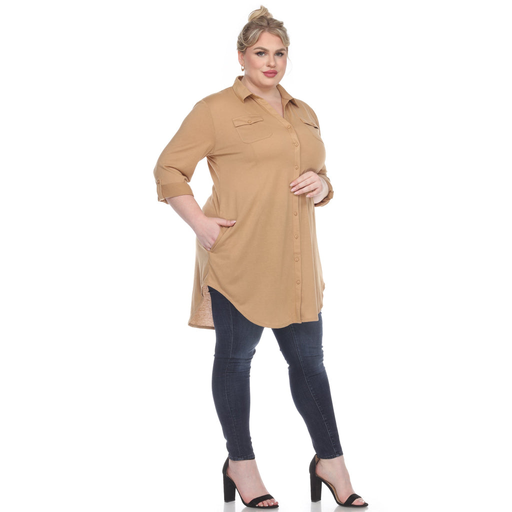 White Mark Women's Stretchy Button-Down Tunic - Plus (8 Colors Available)