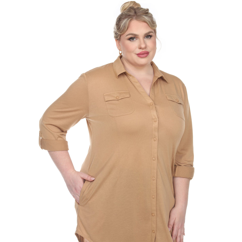 White Mark Women's Stretchy Button-Down Tunic - Plus (8 Colors Available)