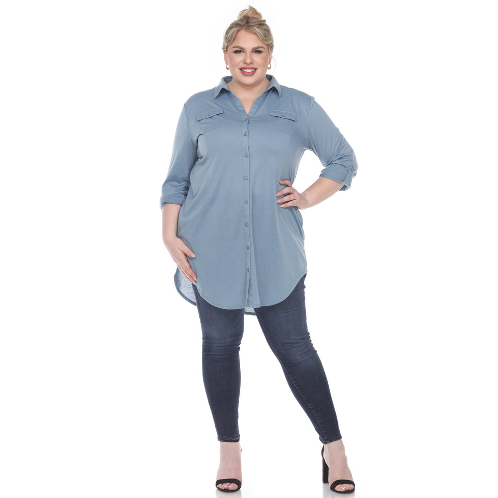 White Mark Women's Stretchy Button-Down Tunic - Plus (8 Colors Available)