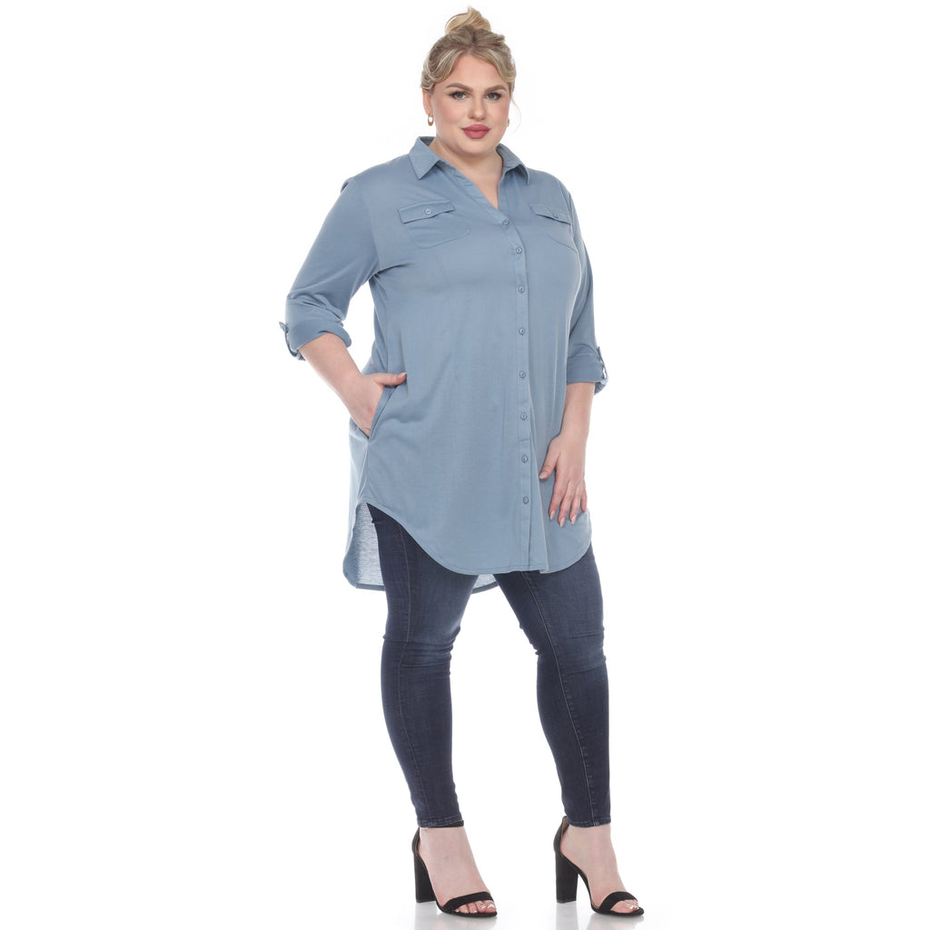 White Mark Women's Stretchy Button-Down Tunic - Plus (8 Colors Available)