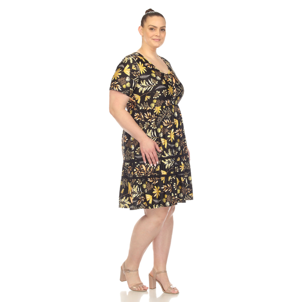 Floral Short Sleeve Knee Length Dress - Plus (4 Colors Available)