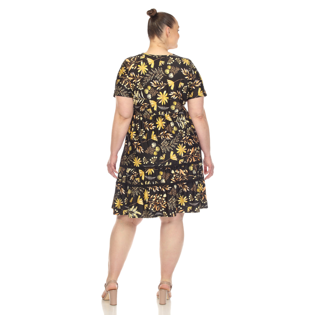 Floral Short Sleeve Knee Length Dress - Plus (4 Colors Available)