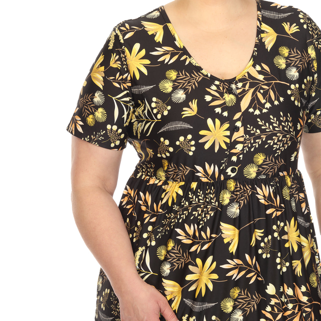 Floral Short Sleeve Knee Length Dress - Plus (4 Colors Available)