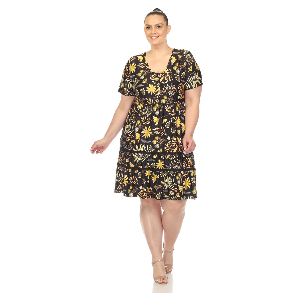 Floral Short Sleeve Knee Length Dress - Plus (4 Colors Available)