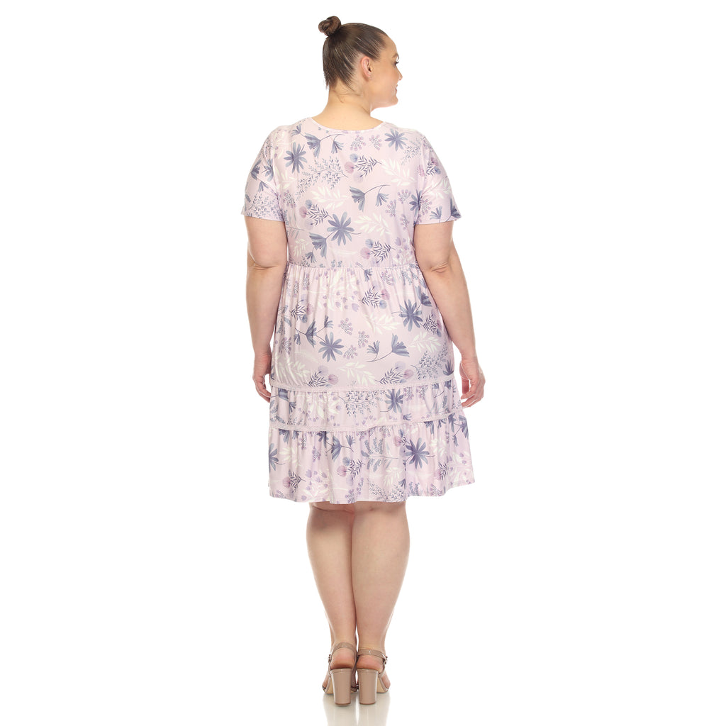 Floral Short Sleeve Knee Length Dress - Plus (4 Colors Available)