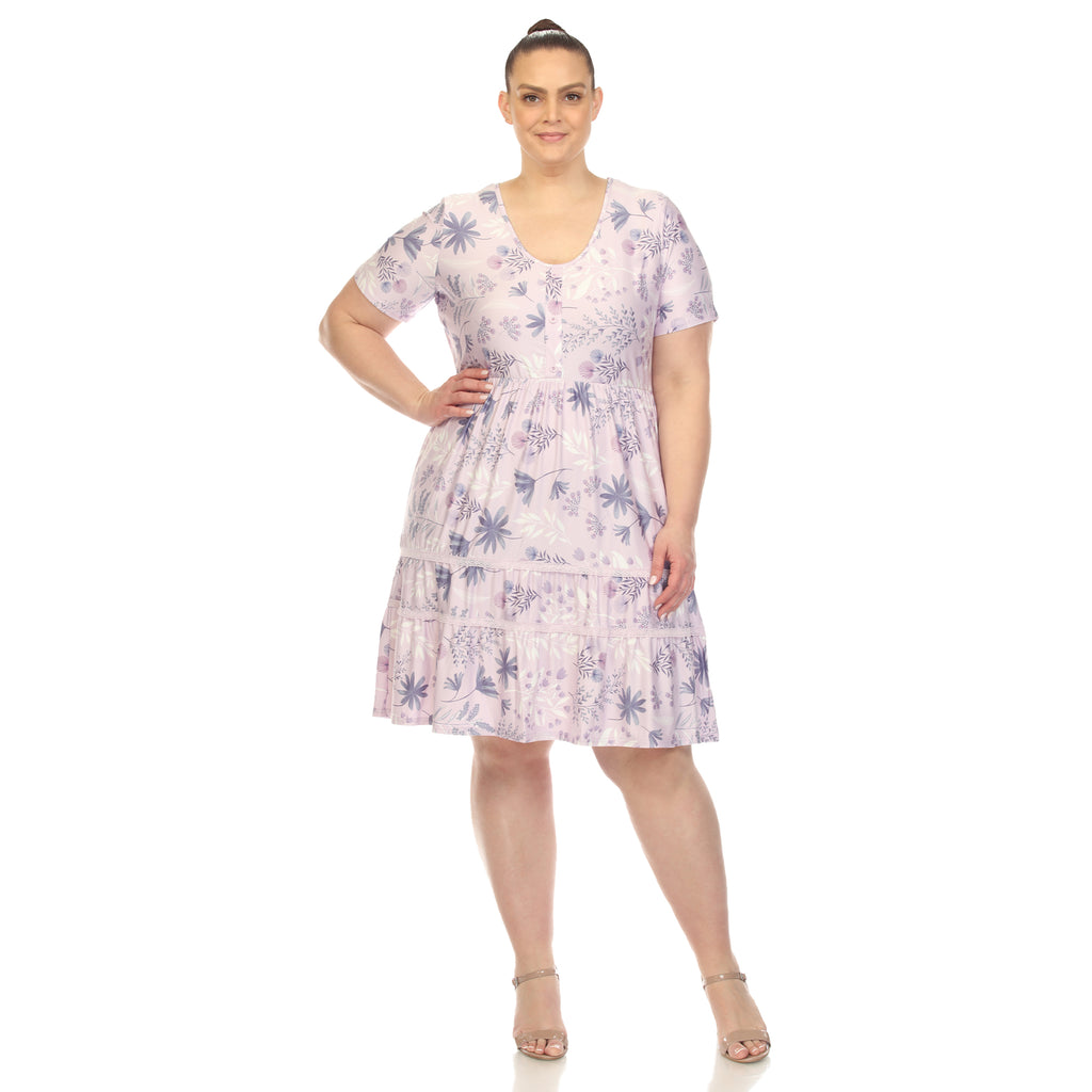 Floral Short Sleeve Knee Length Dress - Plus (4 Colors Available)