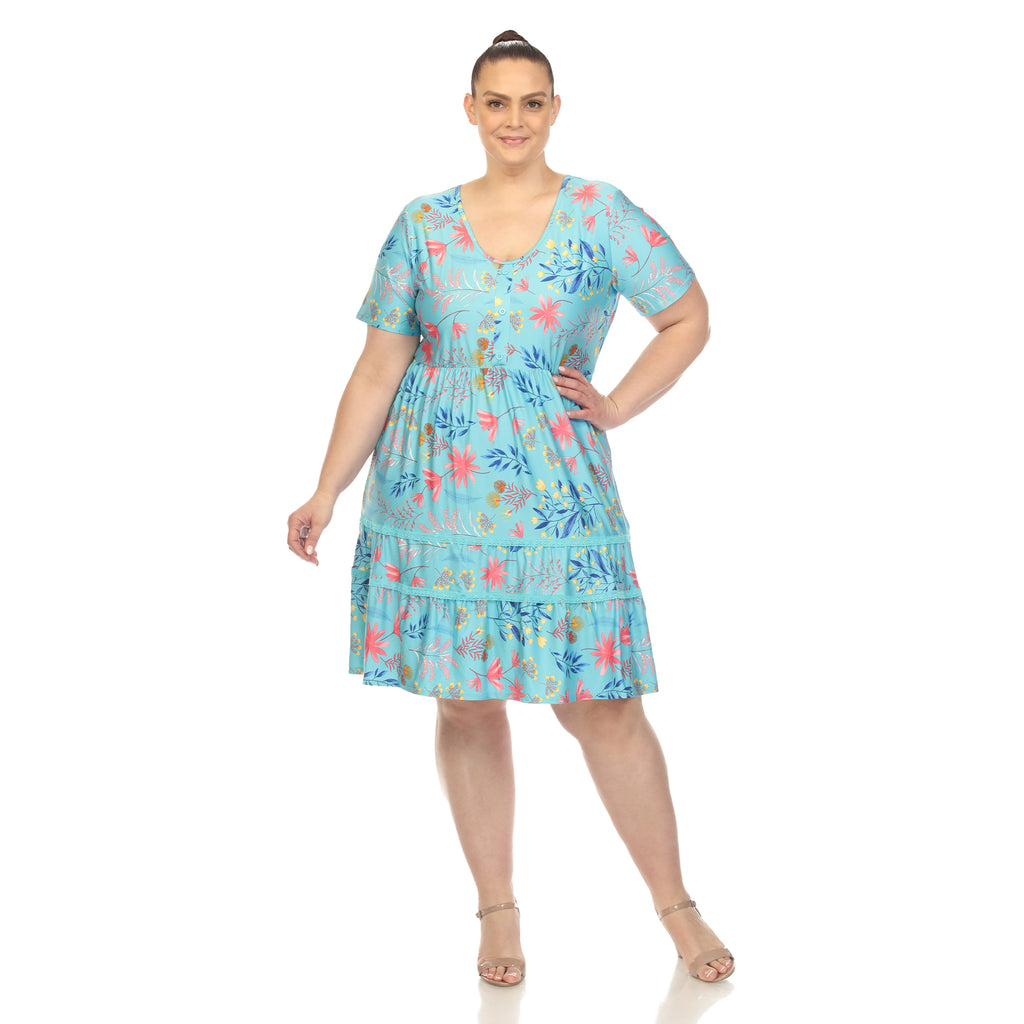 Floral Short Sleeve Knee Length Dress - Plus (4 Colors Available)