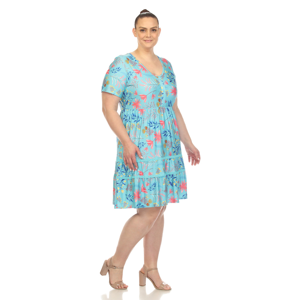 Floral Short Sleeve Knee Length Dress - Plus (4 Colors Available)