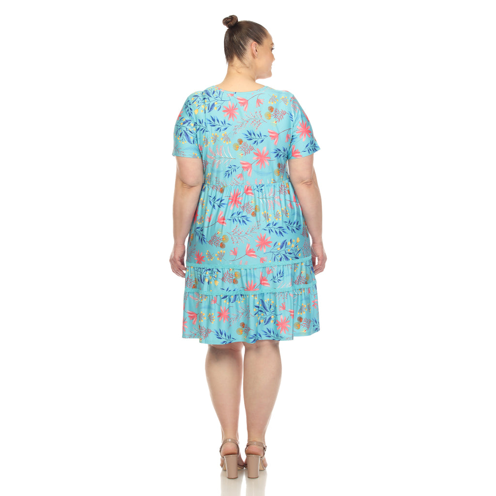 Floral Short Sleeve Knee Length Dress - Plus (4 Colors Available)