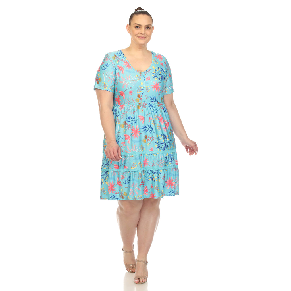 Floral Short Sleeve Knee Length Dress - Plus (4 Colors Available)