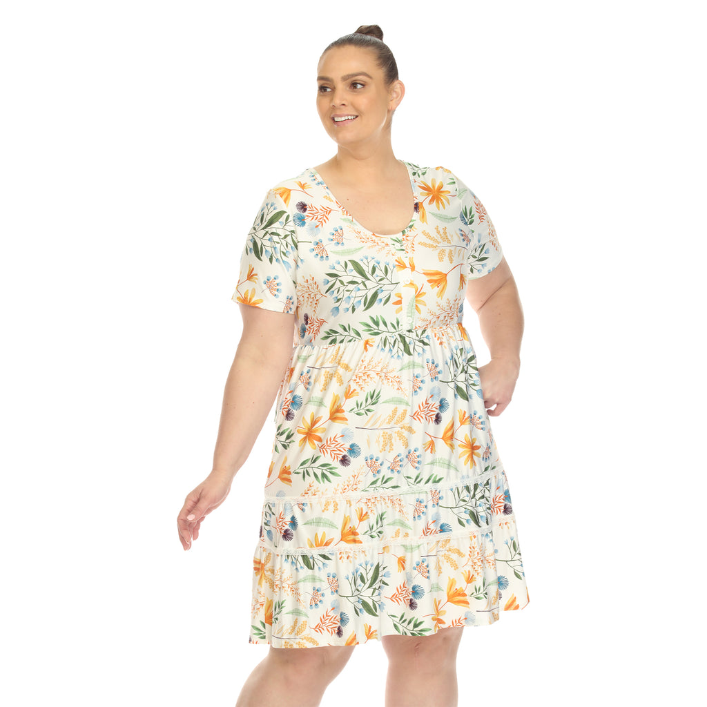 Floral Short Sleeve Knee Length Dress - Plus (4 Colors Available)