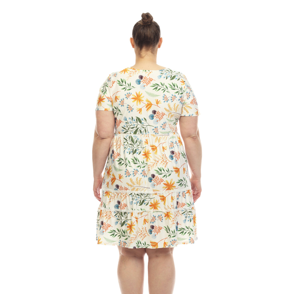 Floral Short Sleeve Knee Length Dress - Plus (4 Colors Available)