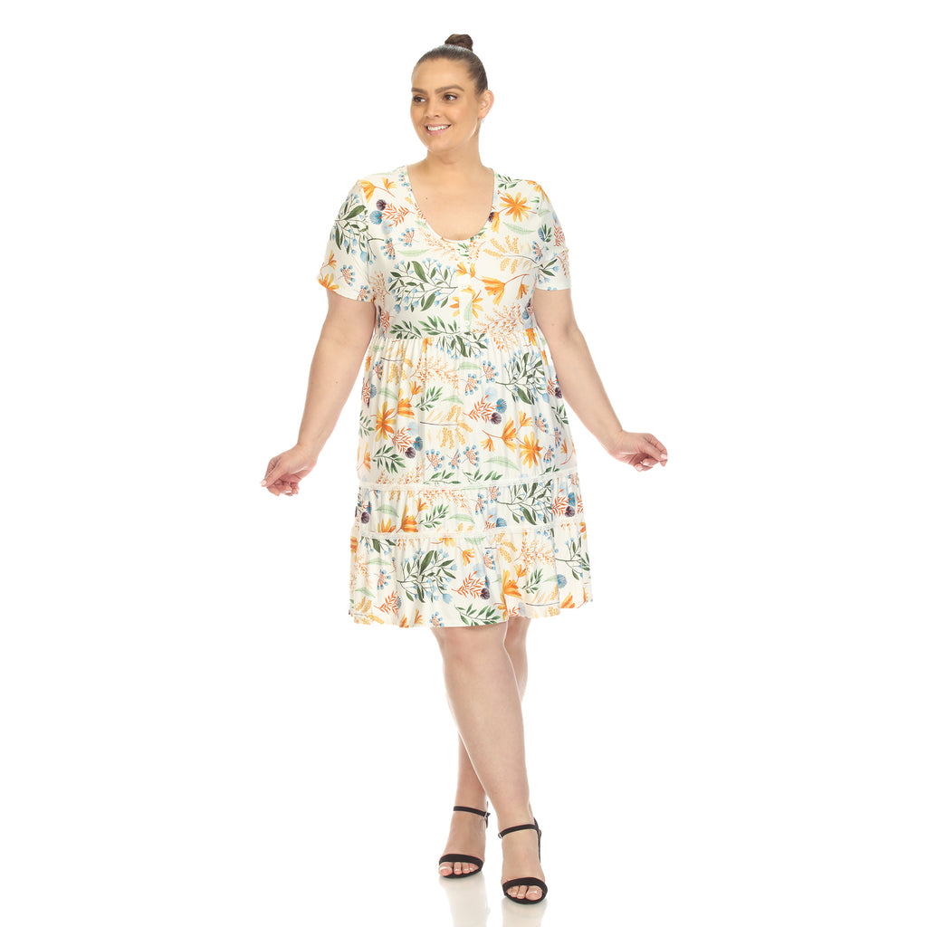 Floral Short Sleeve Knee Length Dress - Plus (4 Colors Available)