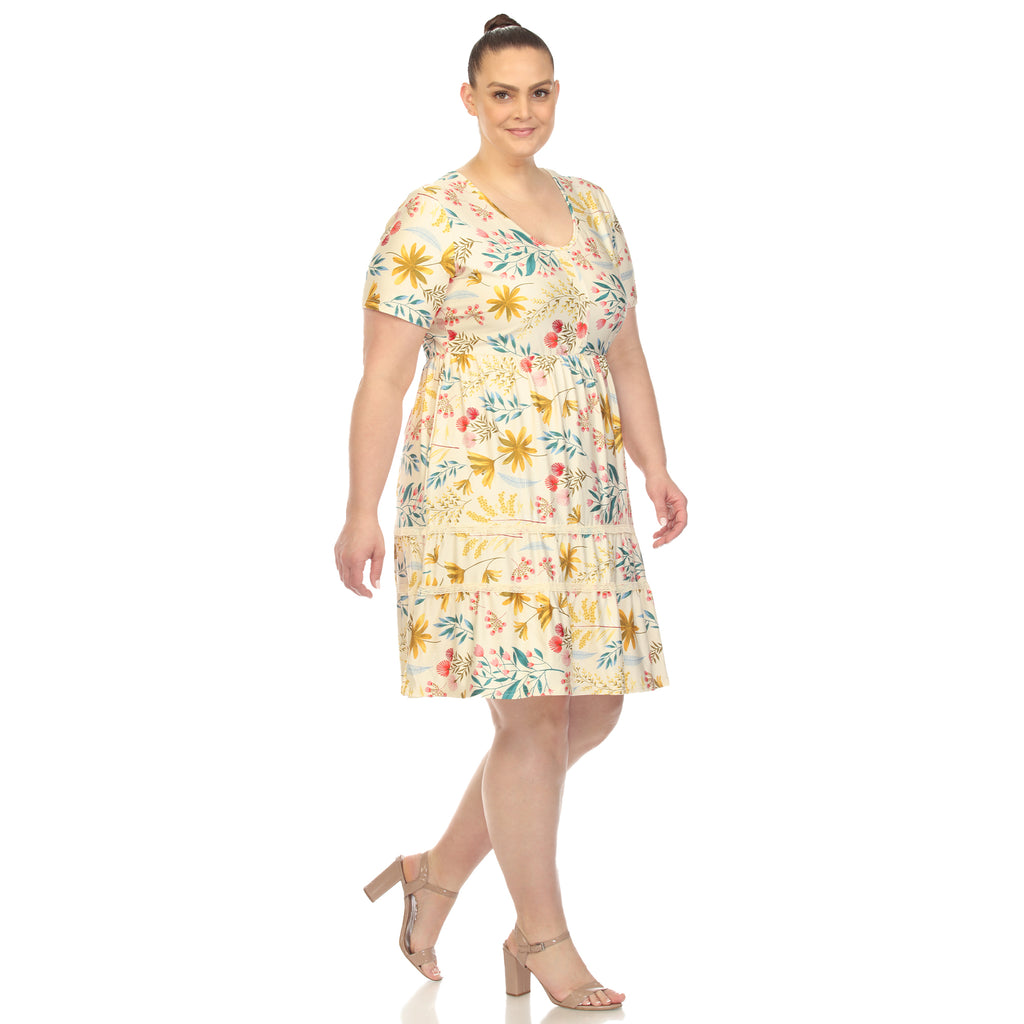 Floral Short Sleeve Knee Length Dress - Plus (4 Colors Available)