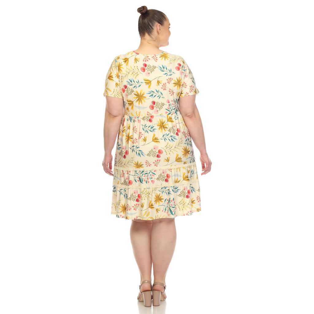 Floral Short Sleeve Knee Length Dress - Plus (4 Colors Available)