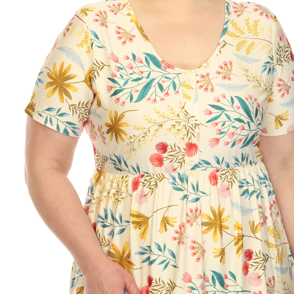 Floral Short Sleeve Knee Length Dress - Plus (4 Colors Available)