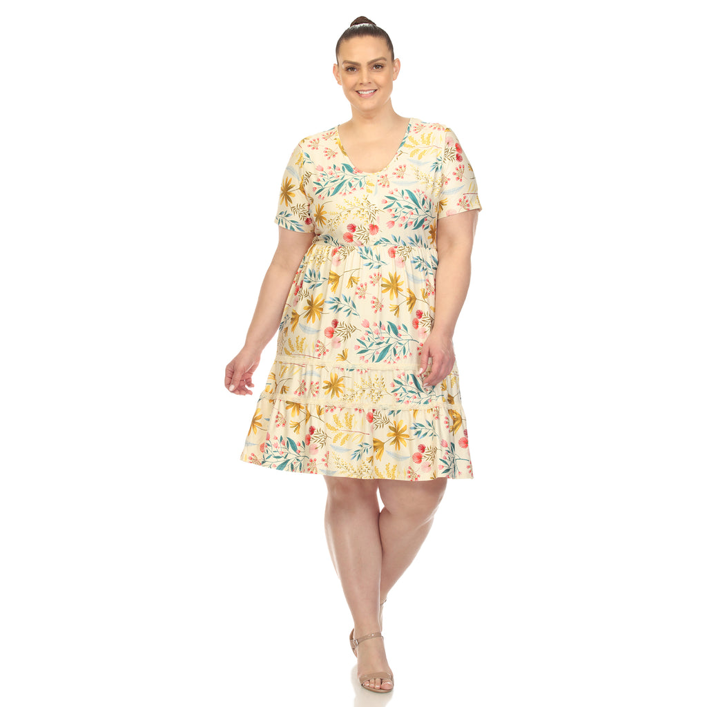 Floral Short Sleeve Knee Length Dress - Plus (4 Colors Available)