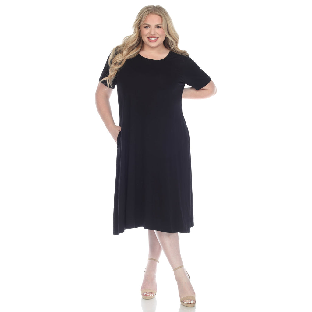 Short Sleeve Pocket Swing Midi Dress - Plus (7 Colors Available)