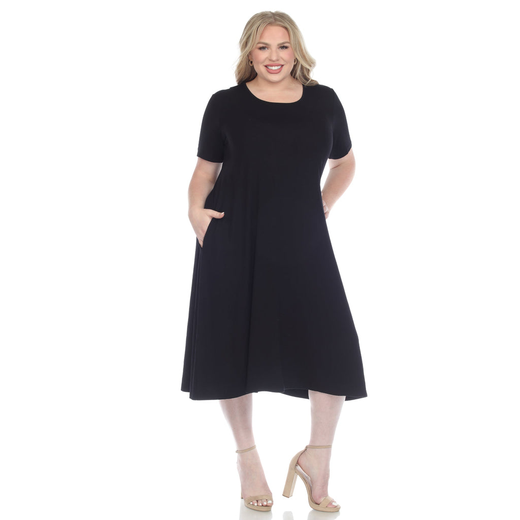 Short Sleeve Pocket Swing Midi Dress - Plus (7 Colors Available)