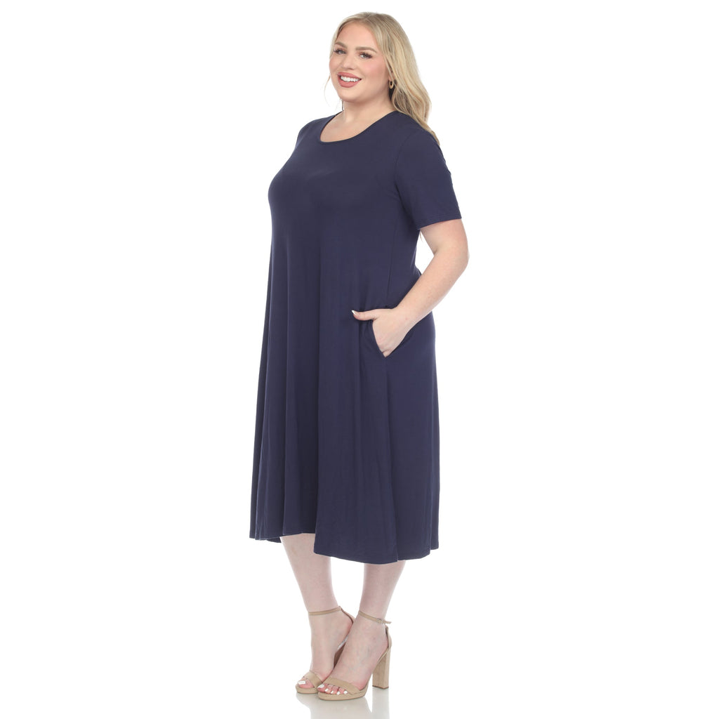 Short Sleeve Pocket Swing Midi Dress - Plus (7 Colors Available)