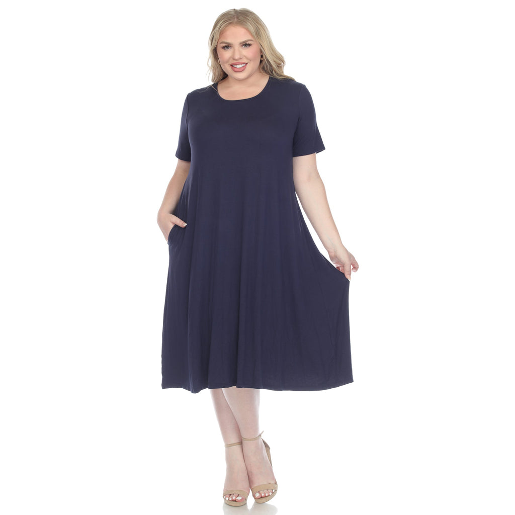 Short Sleeve Pocket Swing Midi Dress - Plus (7 Colors Available)