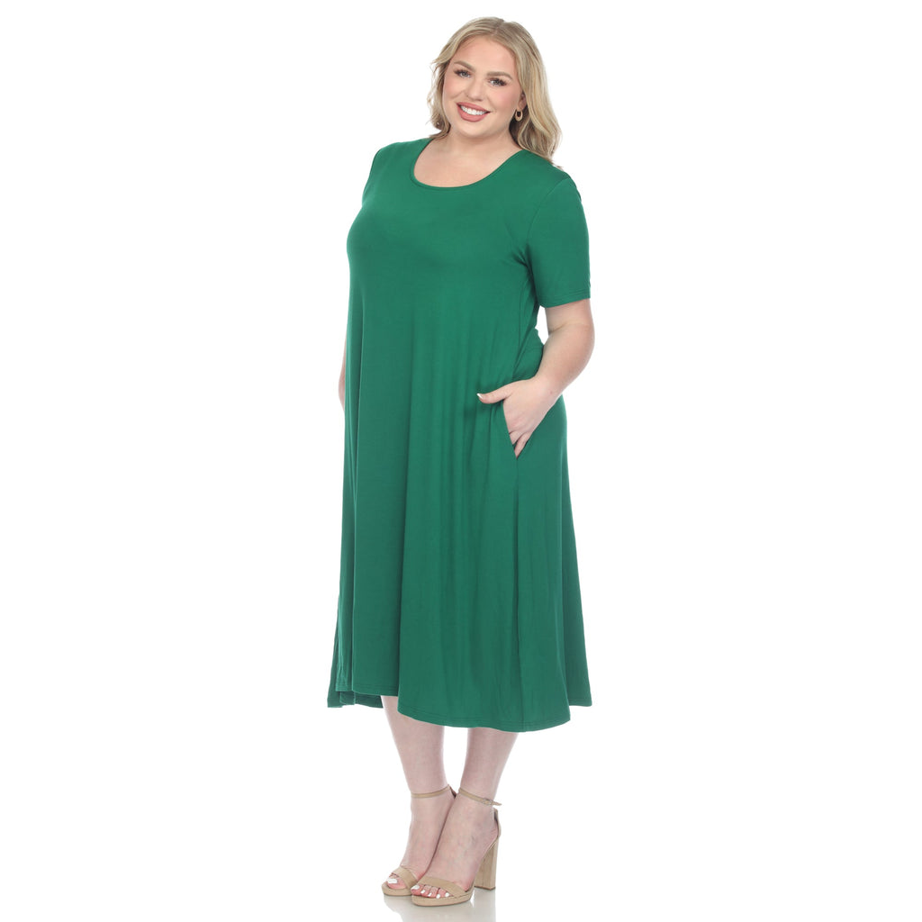 Short Sleeve Pocket Swing Midi Dress - Plus (7 Colors Available)