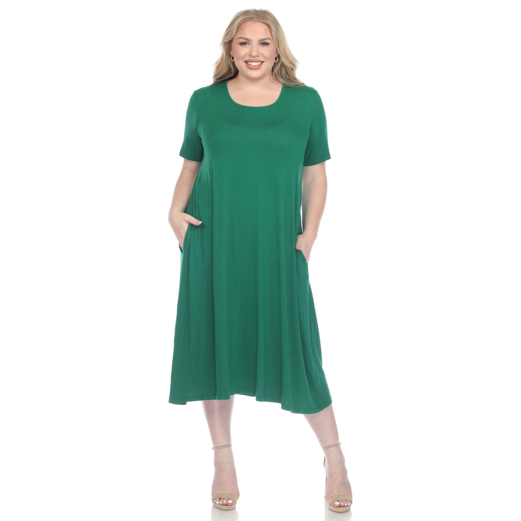 Short Sleeve Pocket Swing Midi Dress - Plus (7 Colors Available)