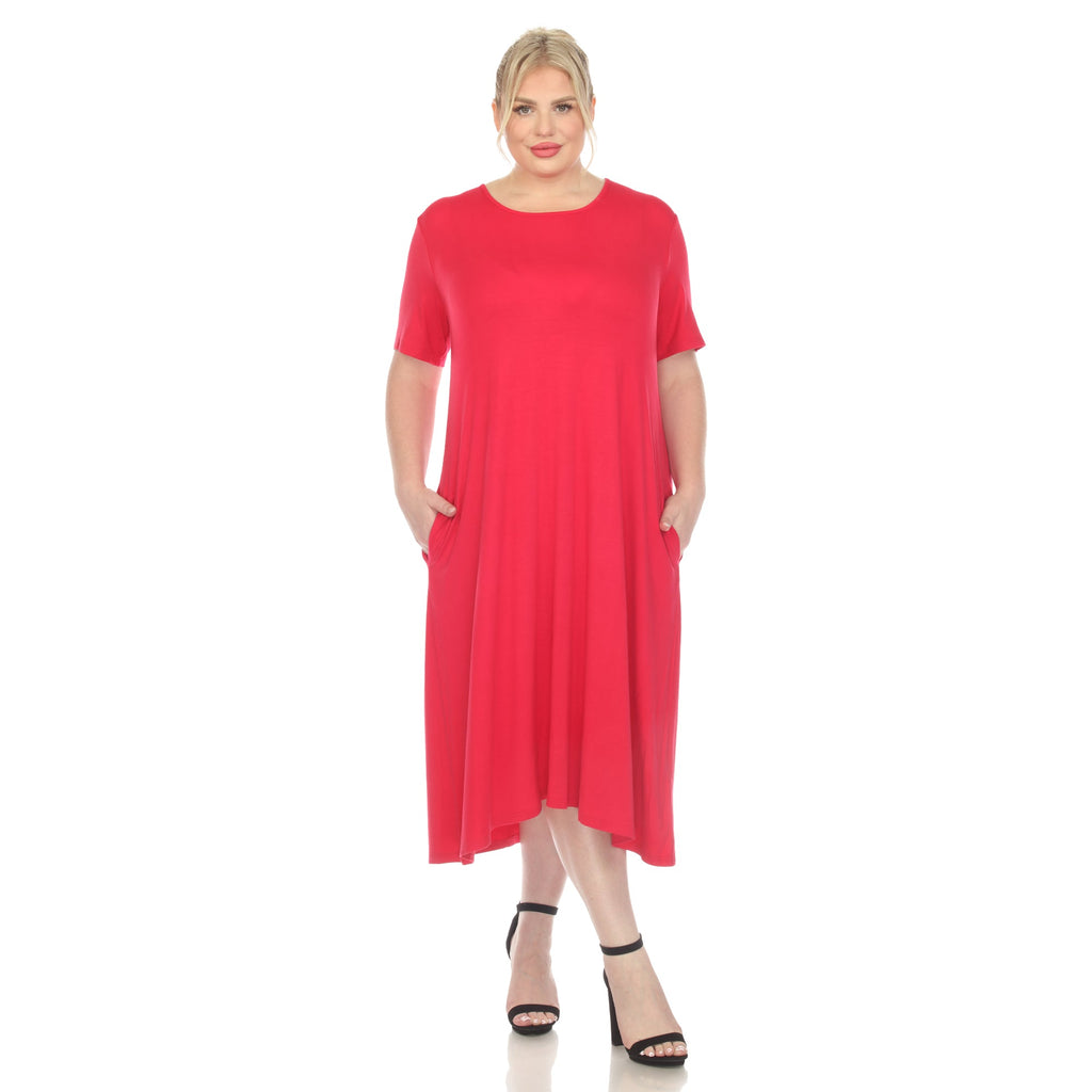 Short Sleeve Pocket Swing Midi Dress - Plus (7 Colors Available)