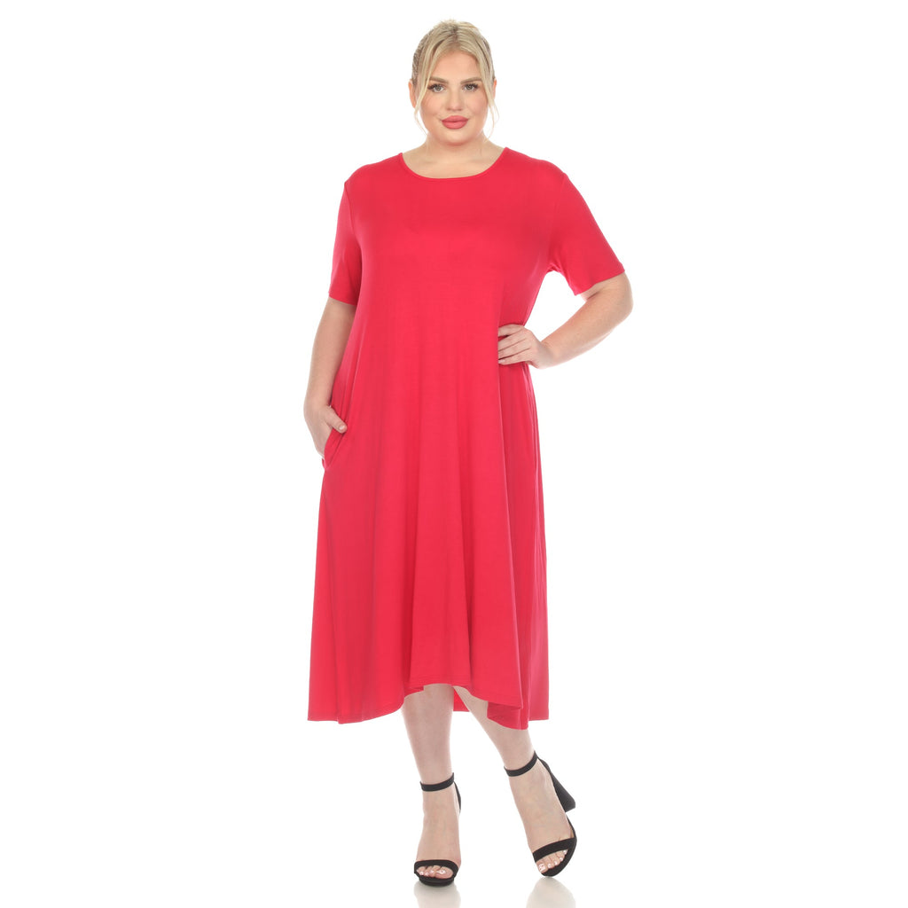 Short Sleeve Pocket Swing Midi Dress - Plus (7 Colors Available)